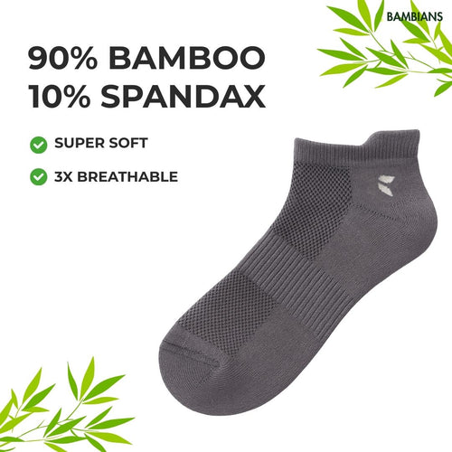 Gray ankle sock with bamboo and Spandex content on a white background