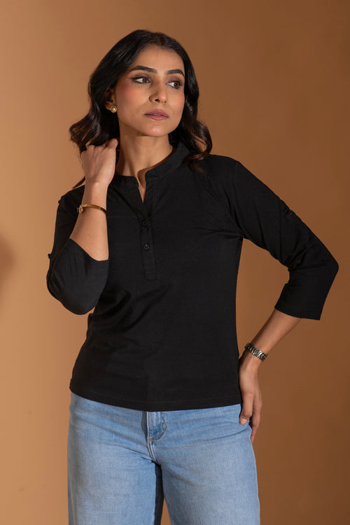 Midnight Black Button Top