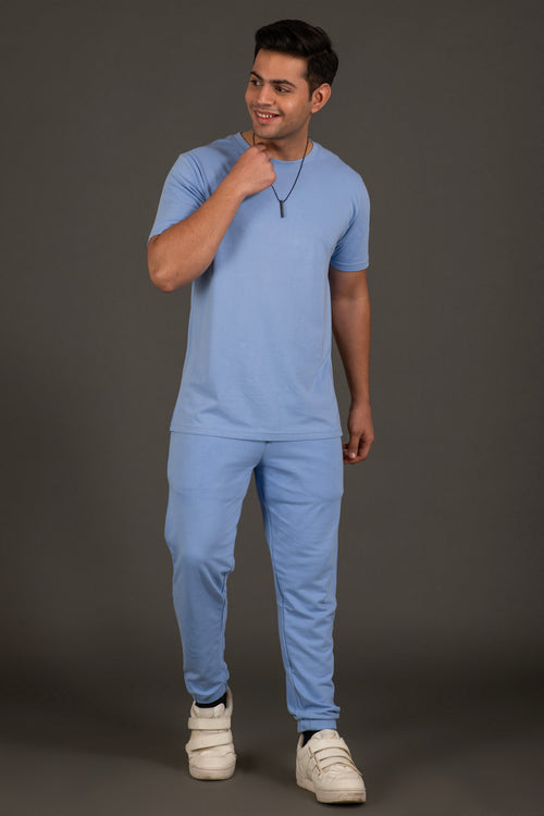 Light blue men's joggers crafted from bamboo cotton fabric, offering exceptional comfort and breathability. Sustainable loungewear designed for eco-conscious individuals leading active lifestyles