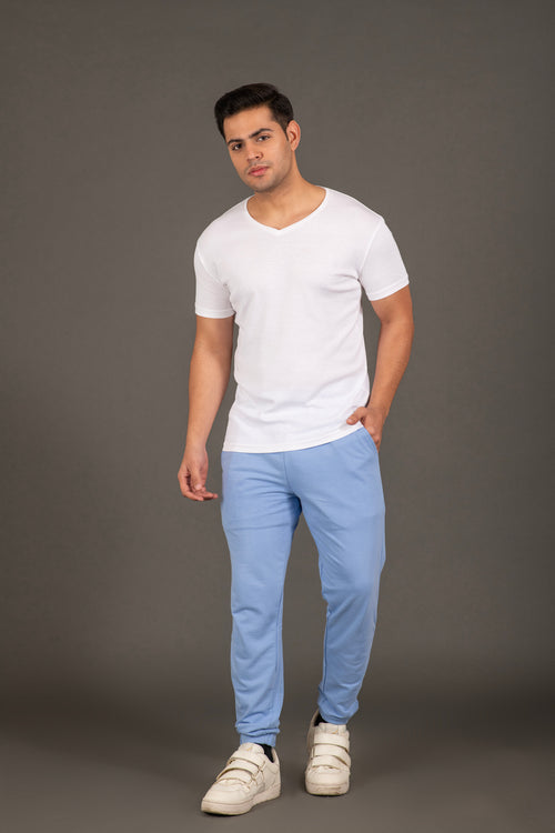 Men's bamboo cotton joggers in light blue color, featuring sustainable bamboo fabric for ultimate comfort and breathability. Eco-friendly loungewear for active lifestyles