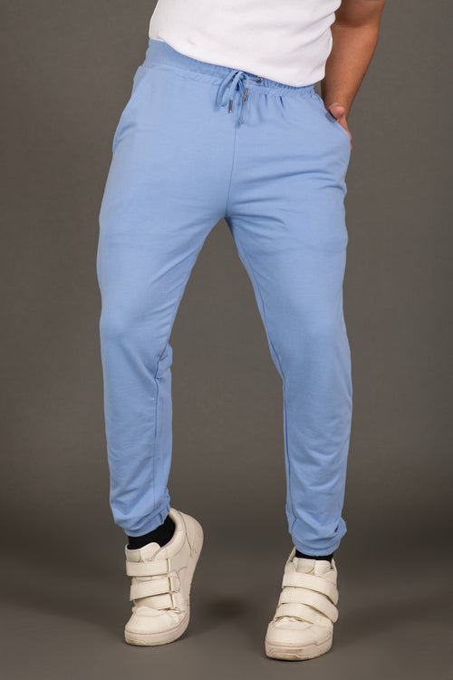 The blue men's joggers have elastic waistband , have cuffed ankles and 2 way drawstrings.