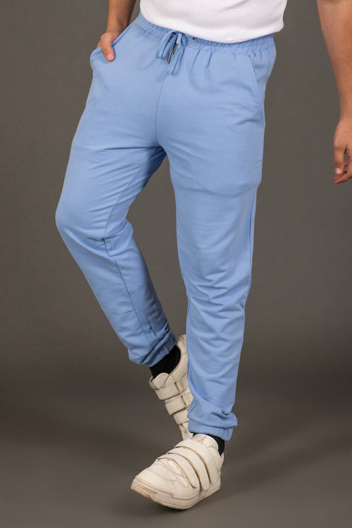 The blue men's joggers have elastic waistband , have cuffed ankles and 2 way drawstrings.